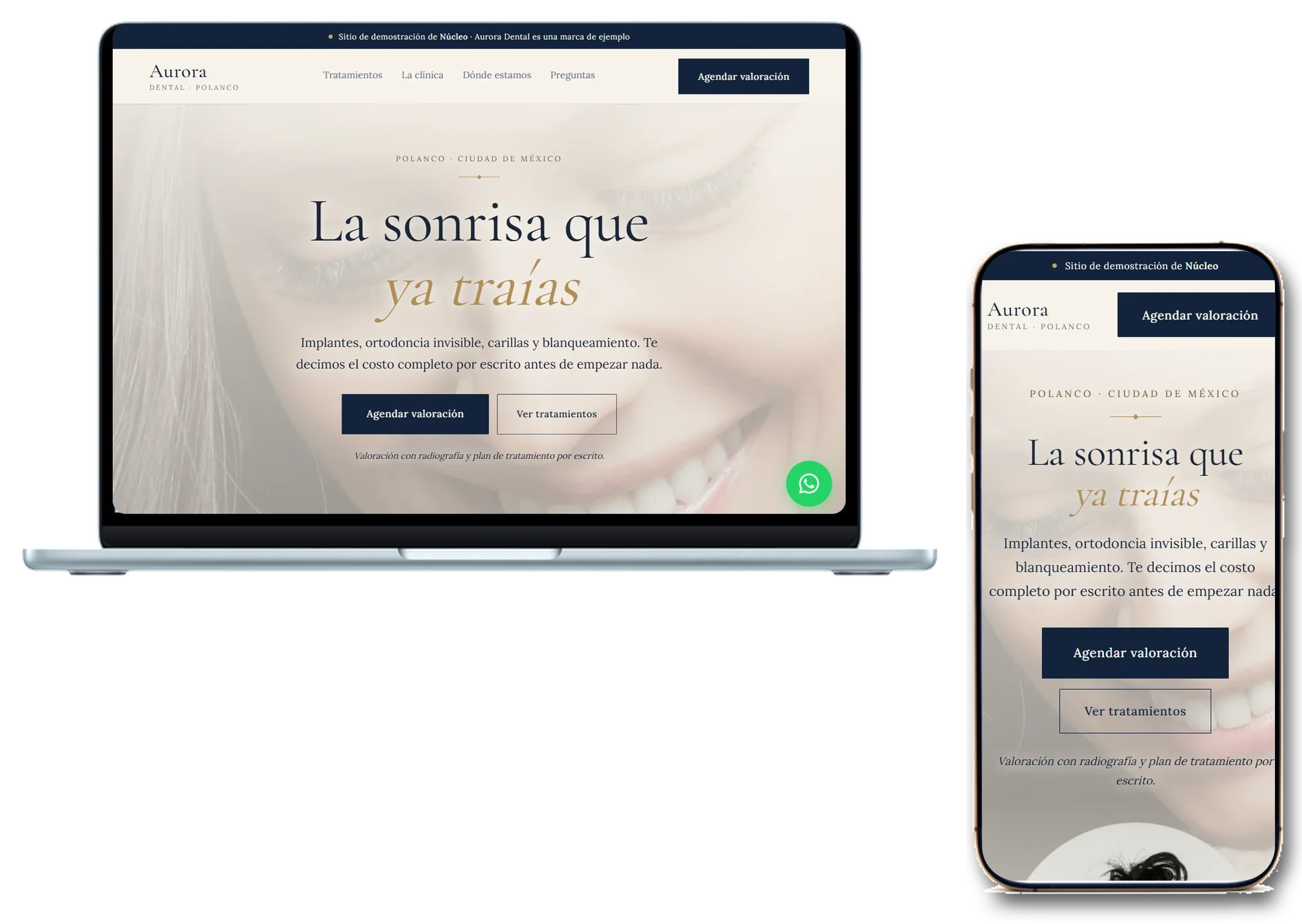 Landing de Aurora Dental, una clínica dental, en computadora y celular