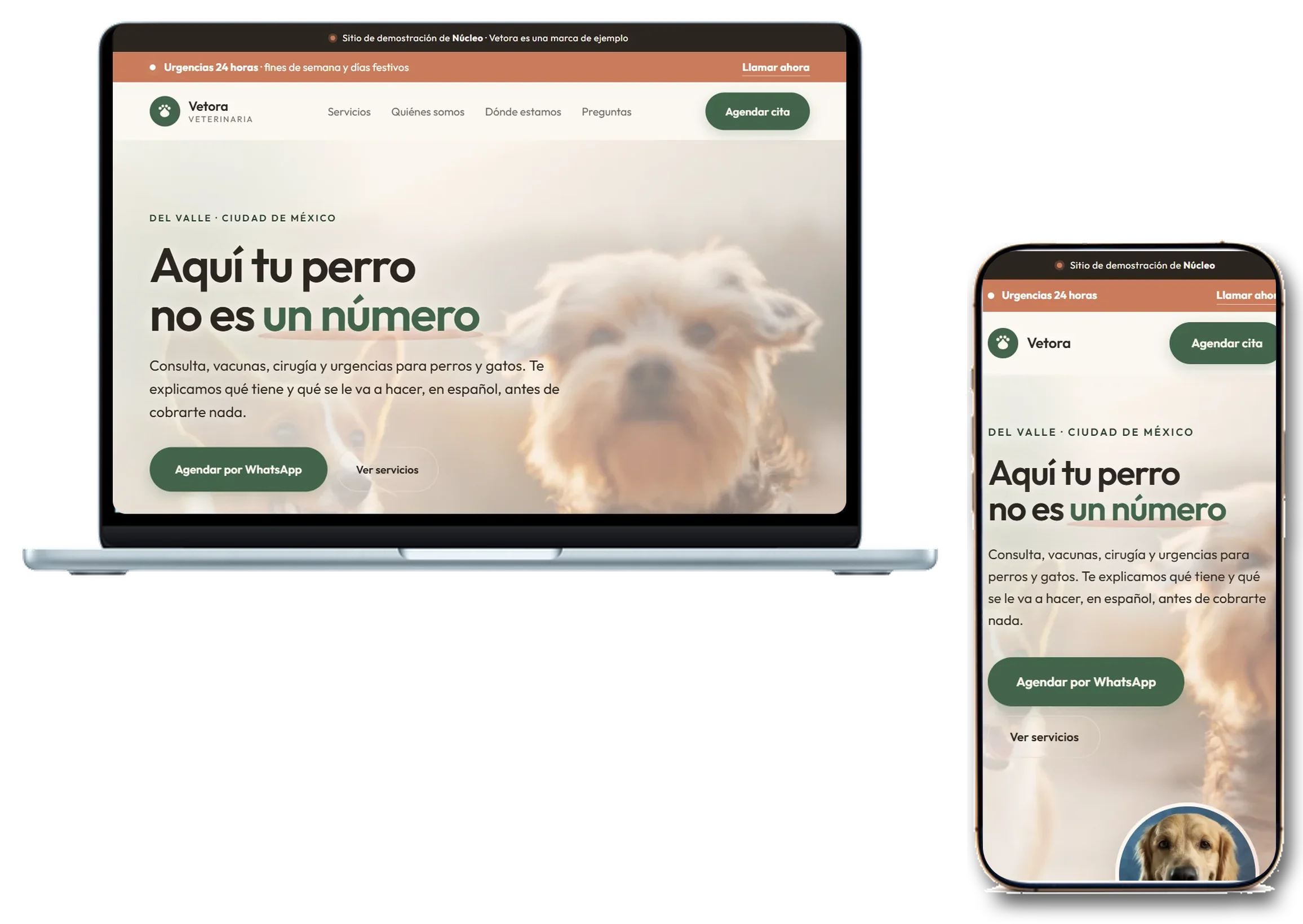 Landing de Vetora, una veterinaria, en computadora y celular