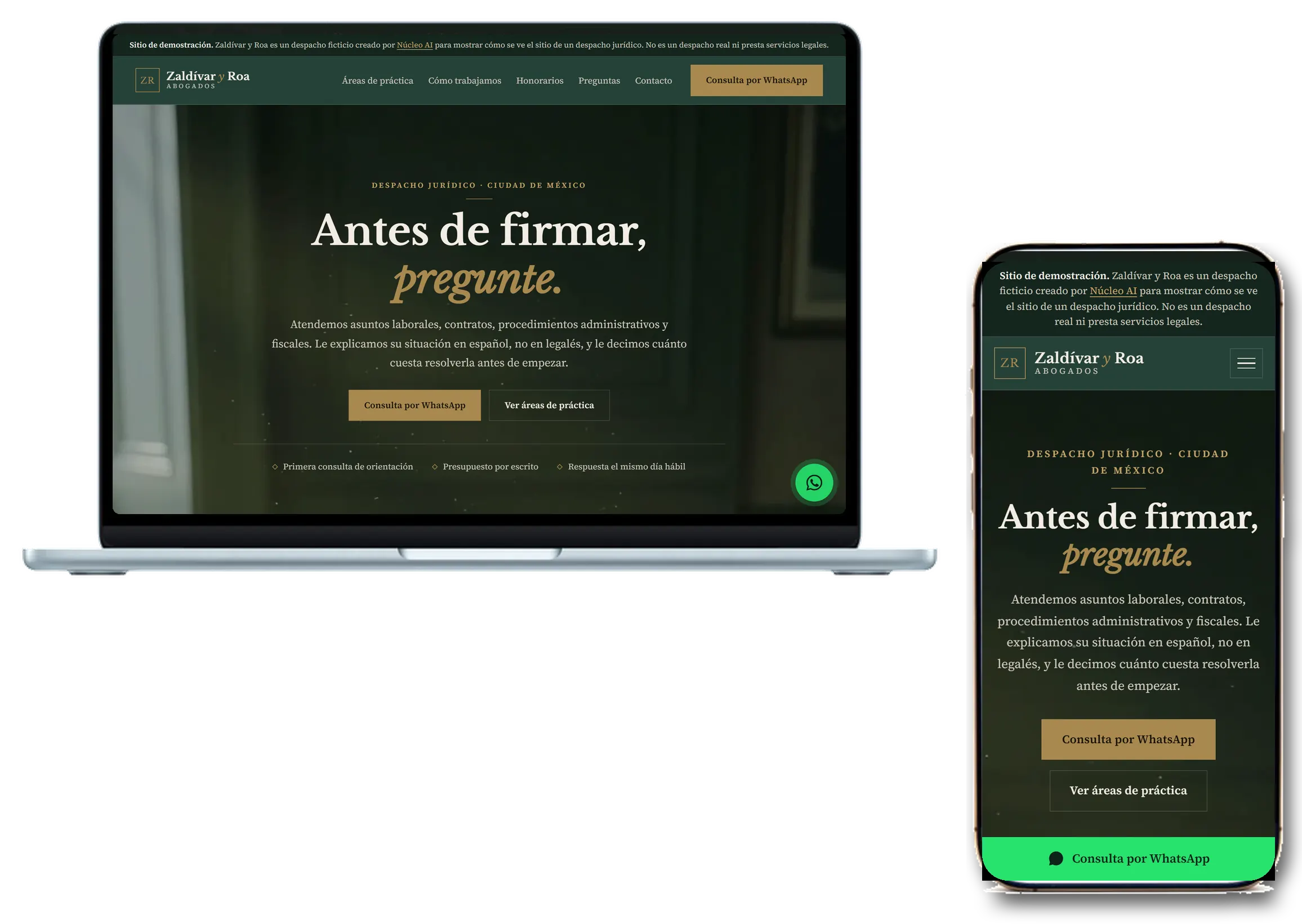Zaldívar y Roa, despacho jurídico, en computadora y celular